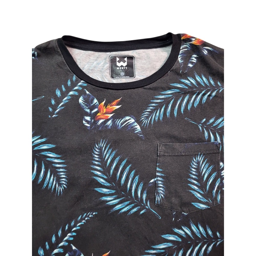 Westy Mens Large T-Shirt Black Tropical Palm Leaf Print‎ Short Sleeve Pocket
